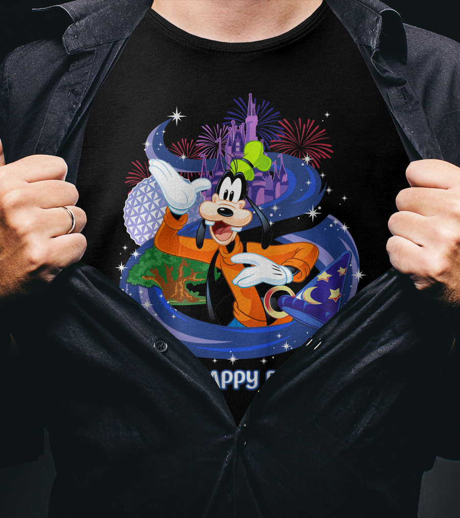 Goofy My Happy Place Disney Fireworks Epcot Sorcerer Mickey's Hat T-Shirt