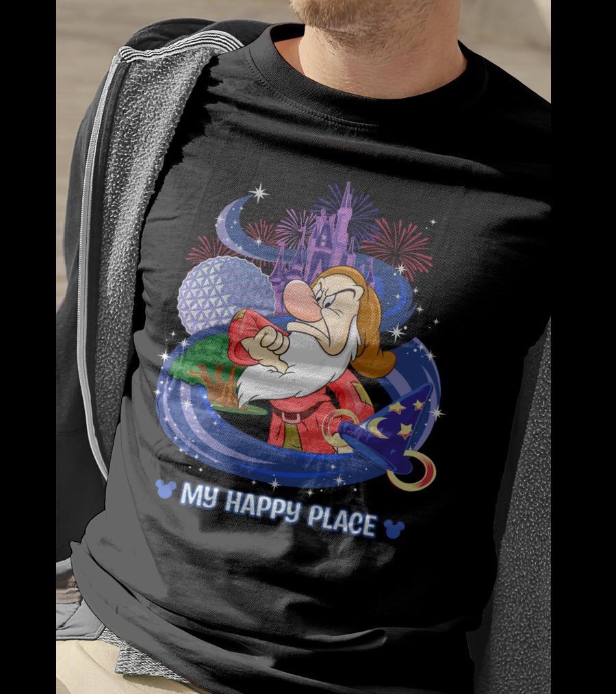Grumpy My Happy Place Disney World Fireworks Mickey Ears T-Shirt