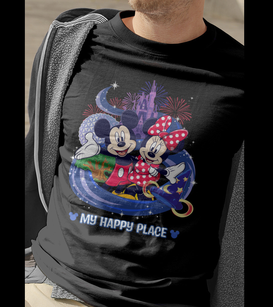 Mickey Minnie My Happy Place Disney Castle Fireworks T-Shirt