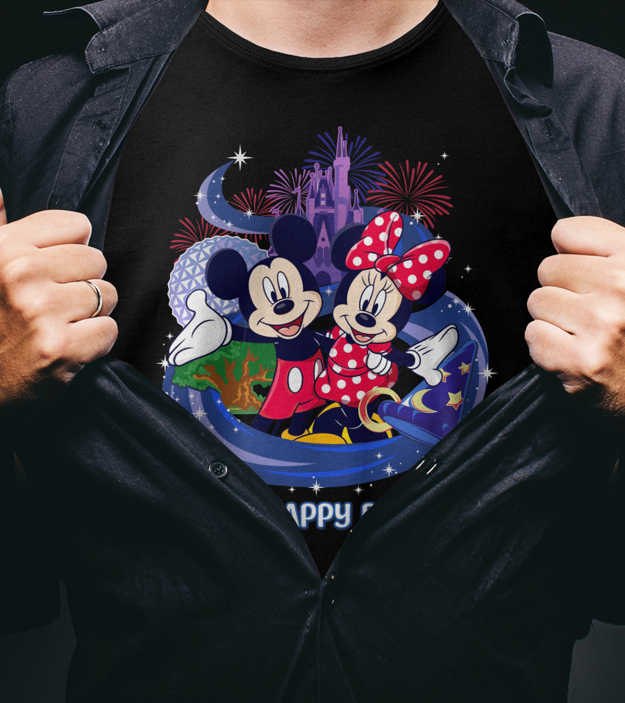 Mickey Minnie My Happy Place Disney Castle Fireworks T-Shirt