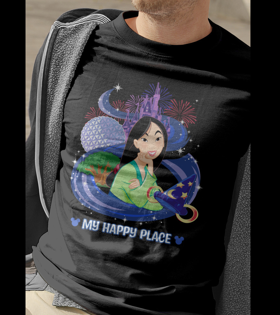 Mulan My Happy Place With Fireworks And Disney World Elements T-Shirt