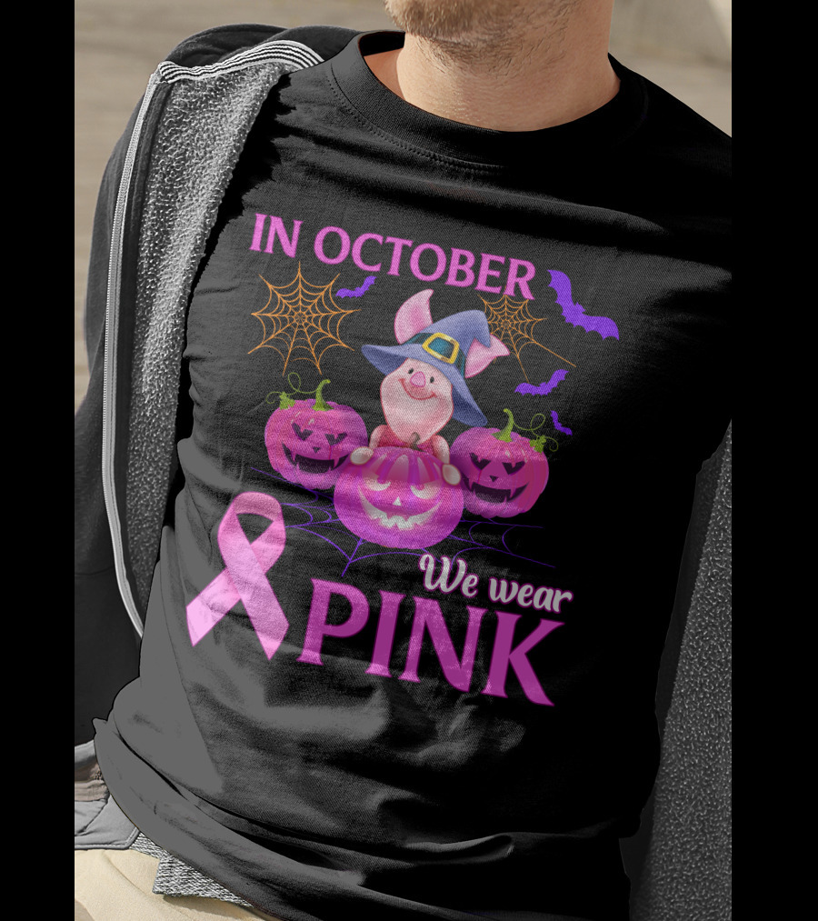 In October We Wear Pink Piglet Breast Cancer Awareness Halloween Pumpkins T-Shirt