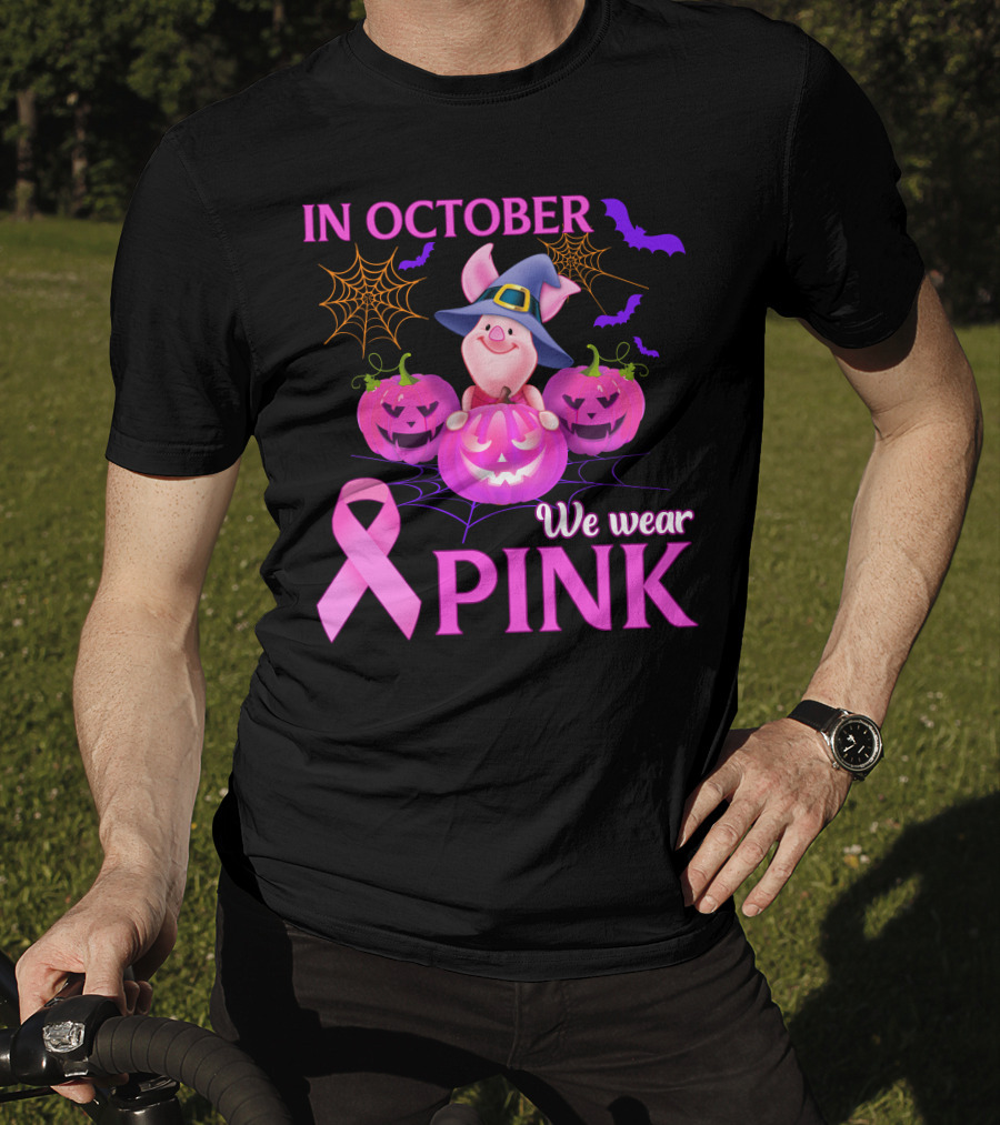 In October We Wear Pink Piglet Breast Cancer Awareness Halloween Pumpkins T-Shirt