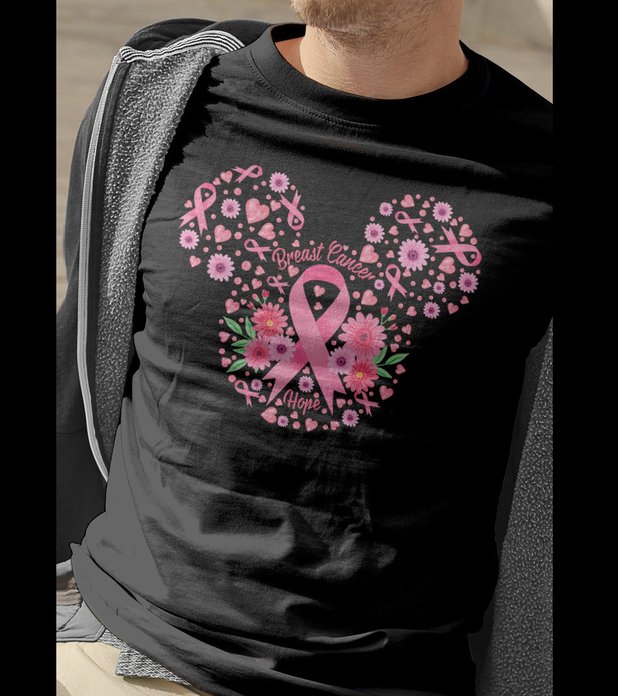 Breast Cancer Hope Pink Ribbon Floral Mickey Ears T-Shirt