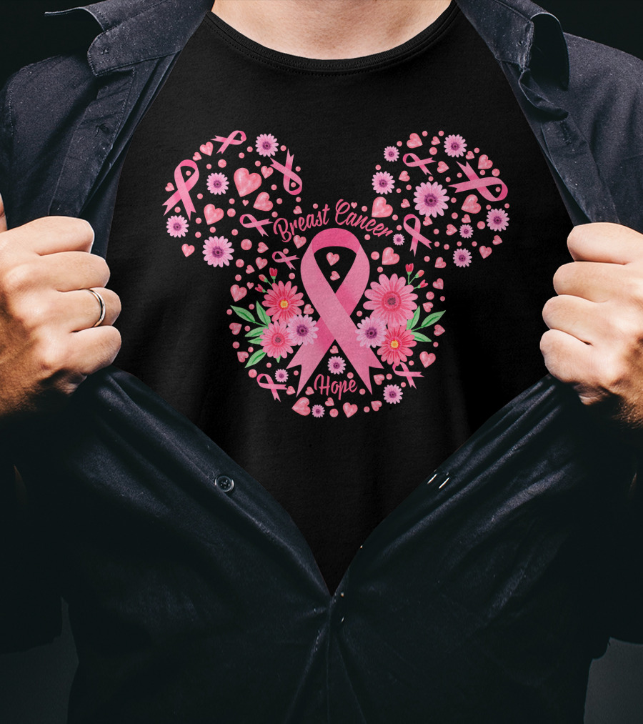 Breast Cancer Hope Pink Ribbon Floral Mickey Ears T-Shirt