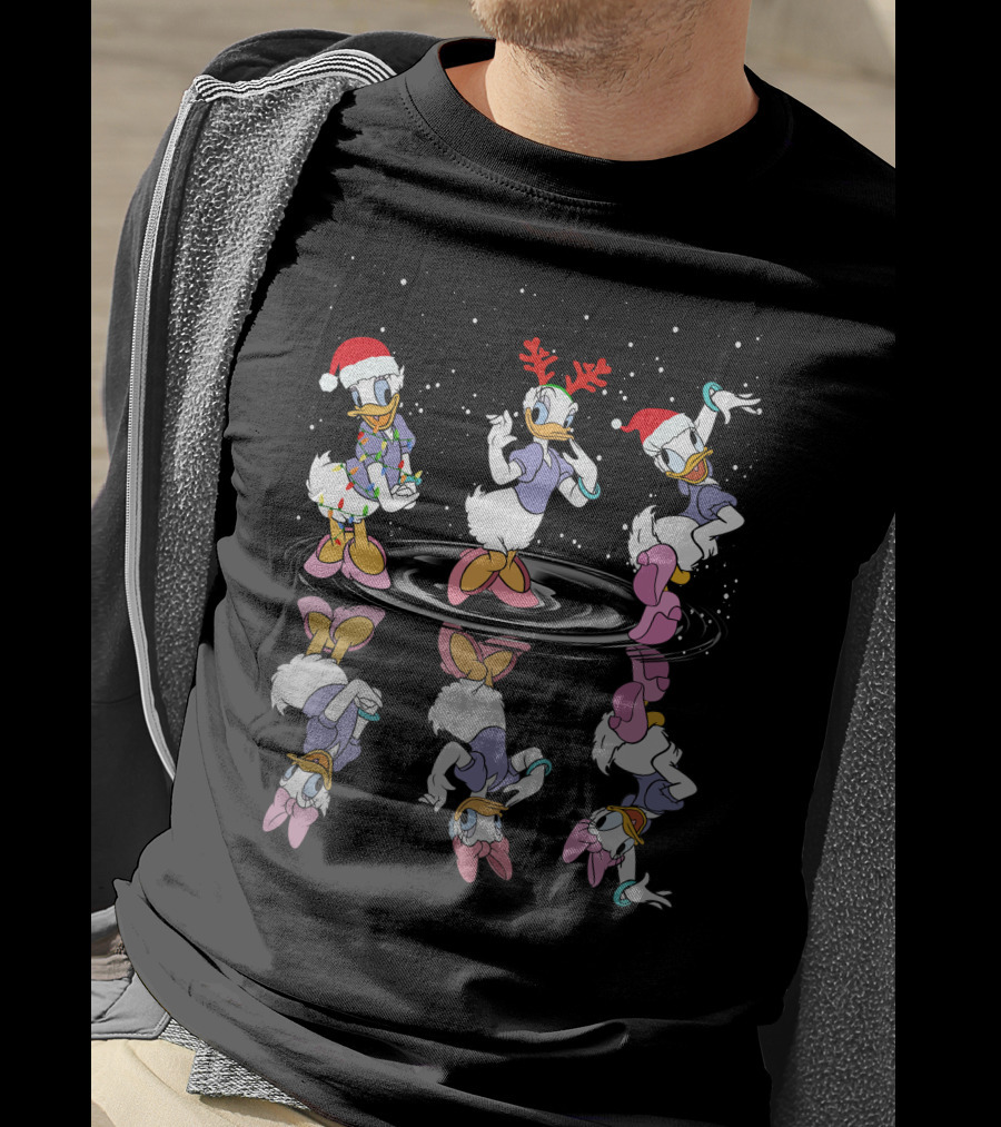 Daisy Duck Christmas Reflection Trio Dancing With Holiday Hats And Snowflakes T-Shirt