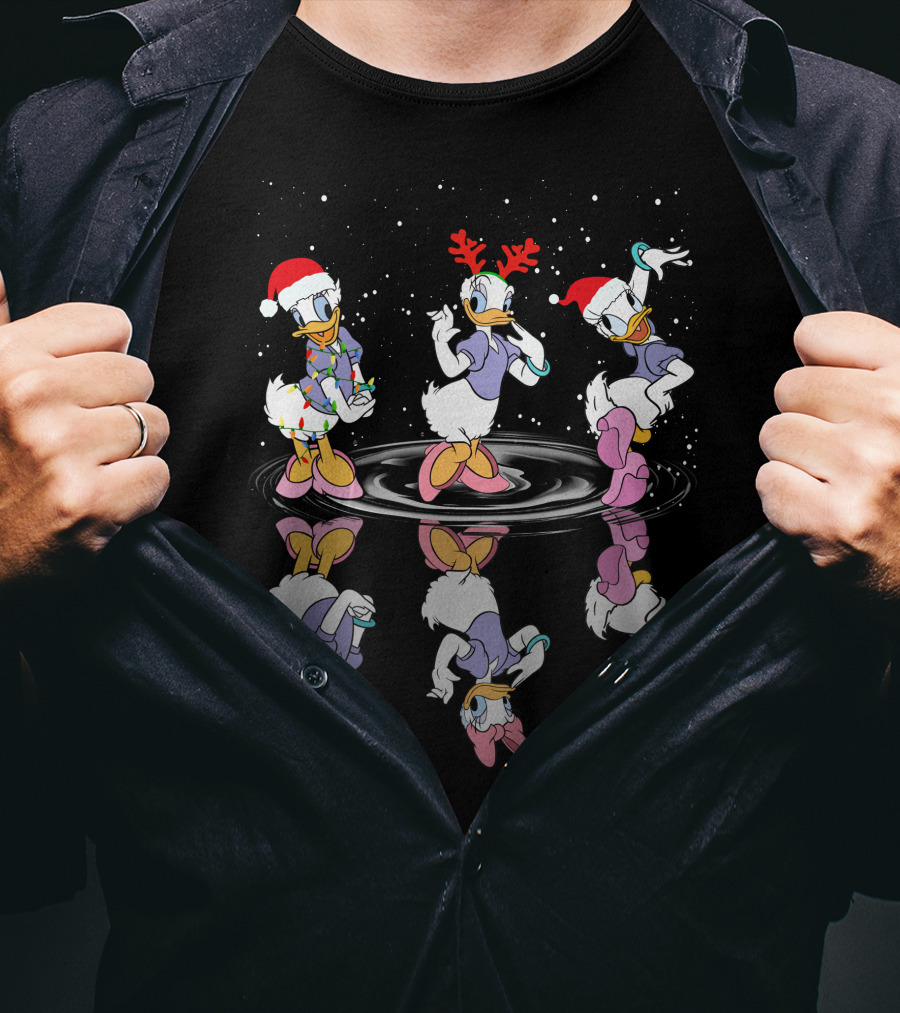 Daisy Duck Christmas Reflection Trio Dancing With Holiday Hats And Snowflakes T-Shirt