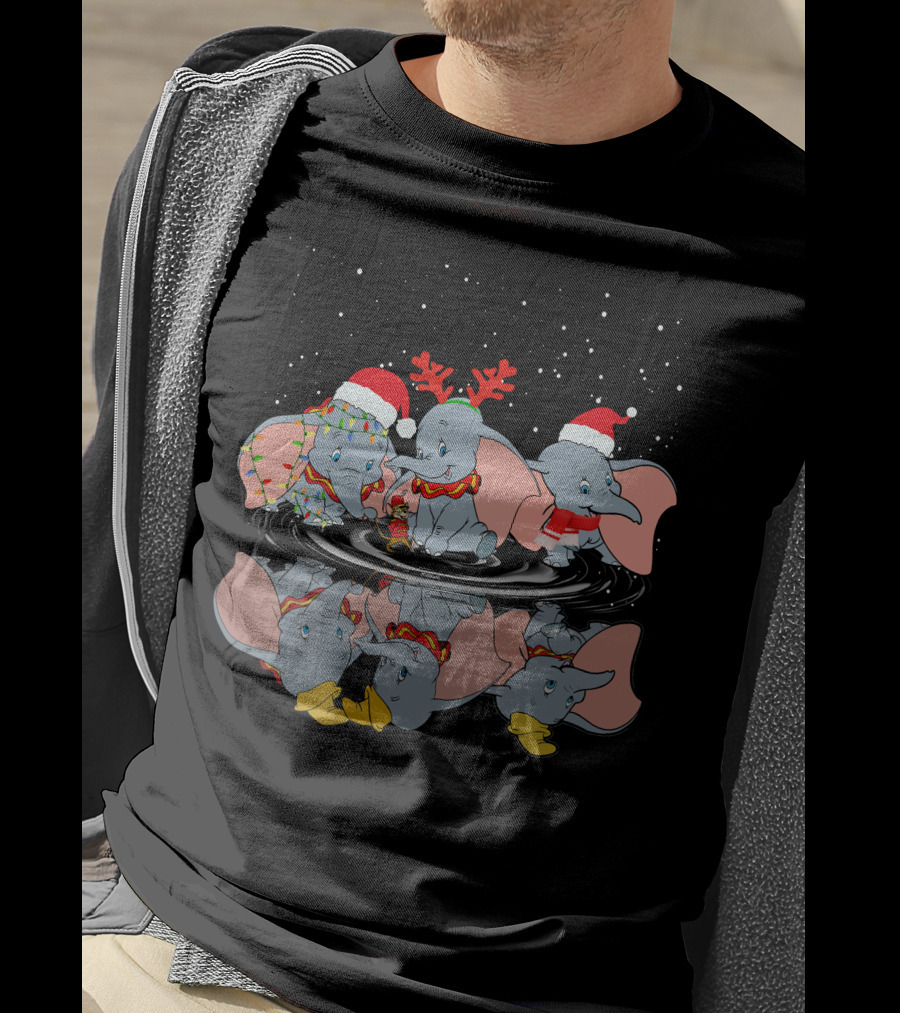 Dumbo Christmas Santa Hats And Reindeer Antlers Snowy Night T-Shirt