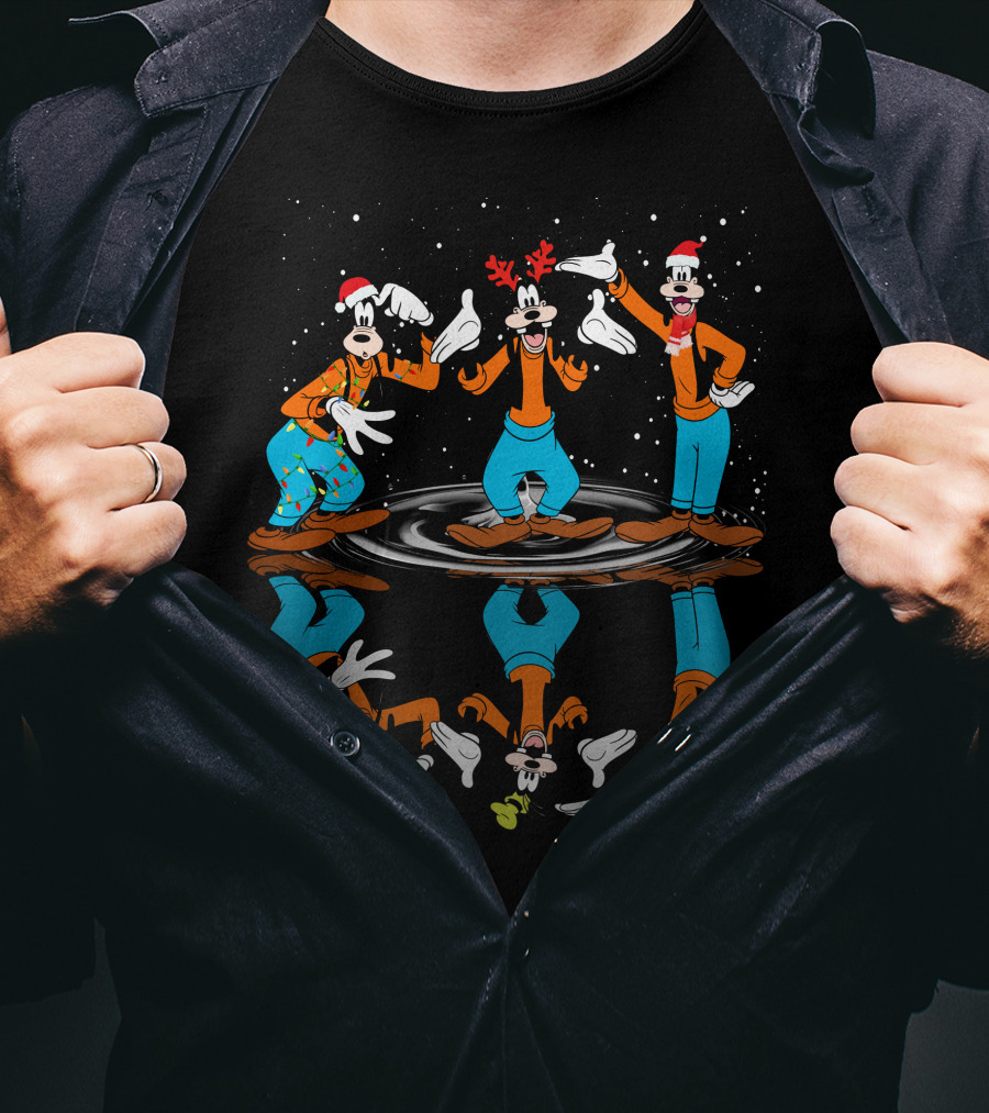 Goofy Christmas Reflection With Santa Hats And Antlers T-Shirt