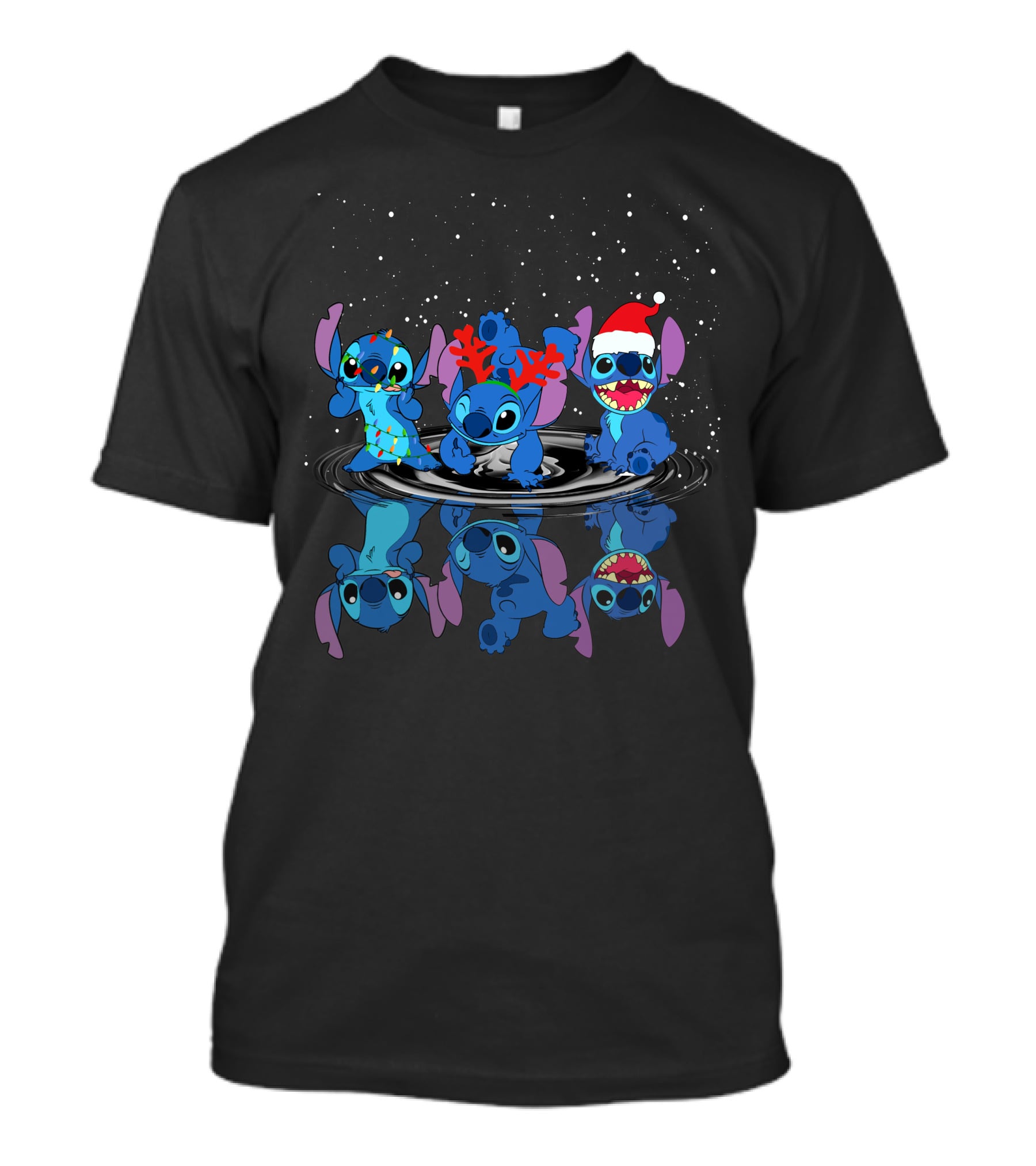 Stitch Christmas Reflections With Santa Hat And Reindeer Antlers T-Shirt