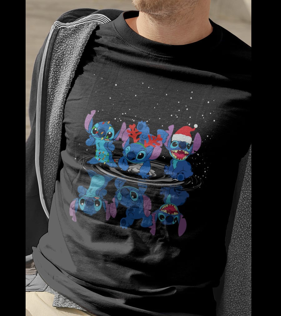 Stitch Christmas Reflections With Santa Hat And Reindeer Antlers T-Shirt