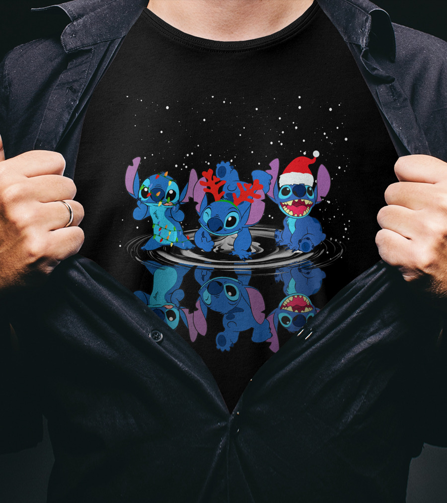Stitch Christmas Reflections With Santa Hat And Reindeer Antlers T-Shirt