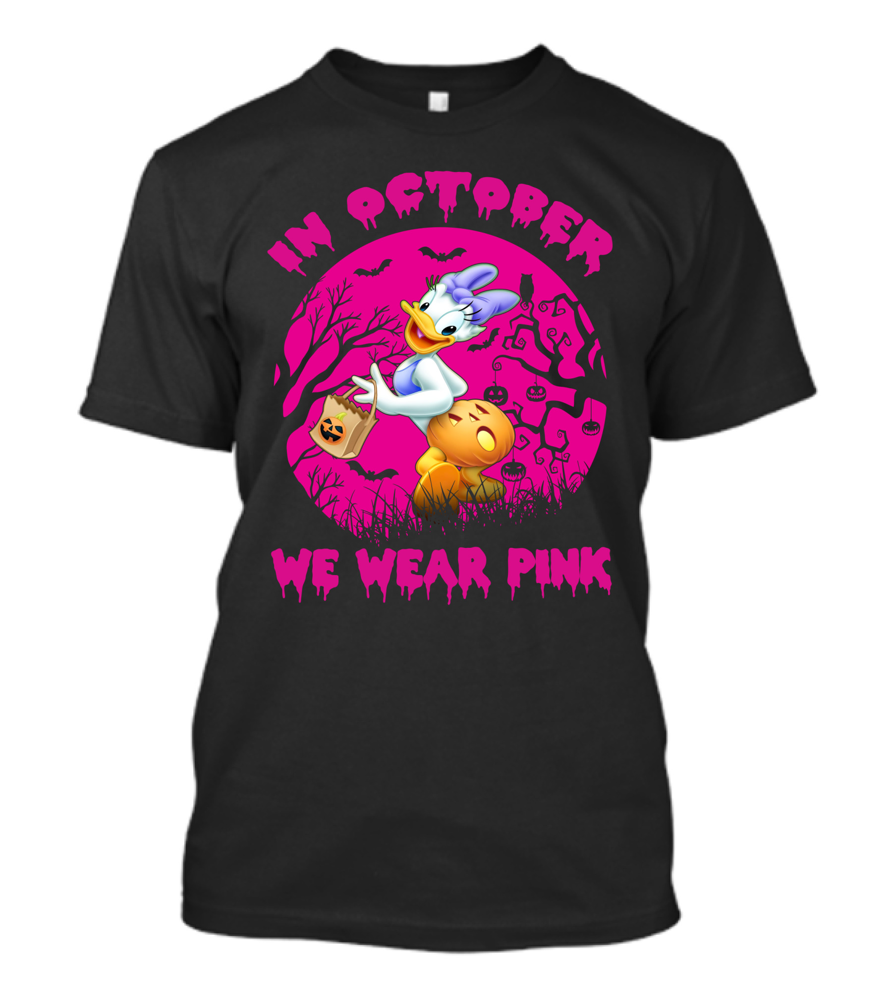 In October We Wear Pink Daisy Duck Halloween Theme T-Shirt