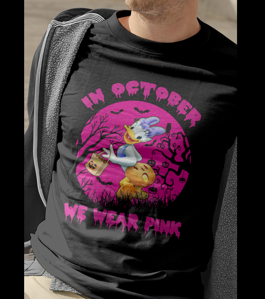 In October We Wear Pink Daisy Duck Halloween Theme T-Shirt