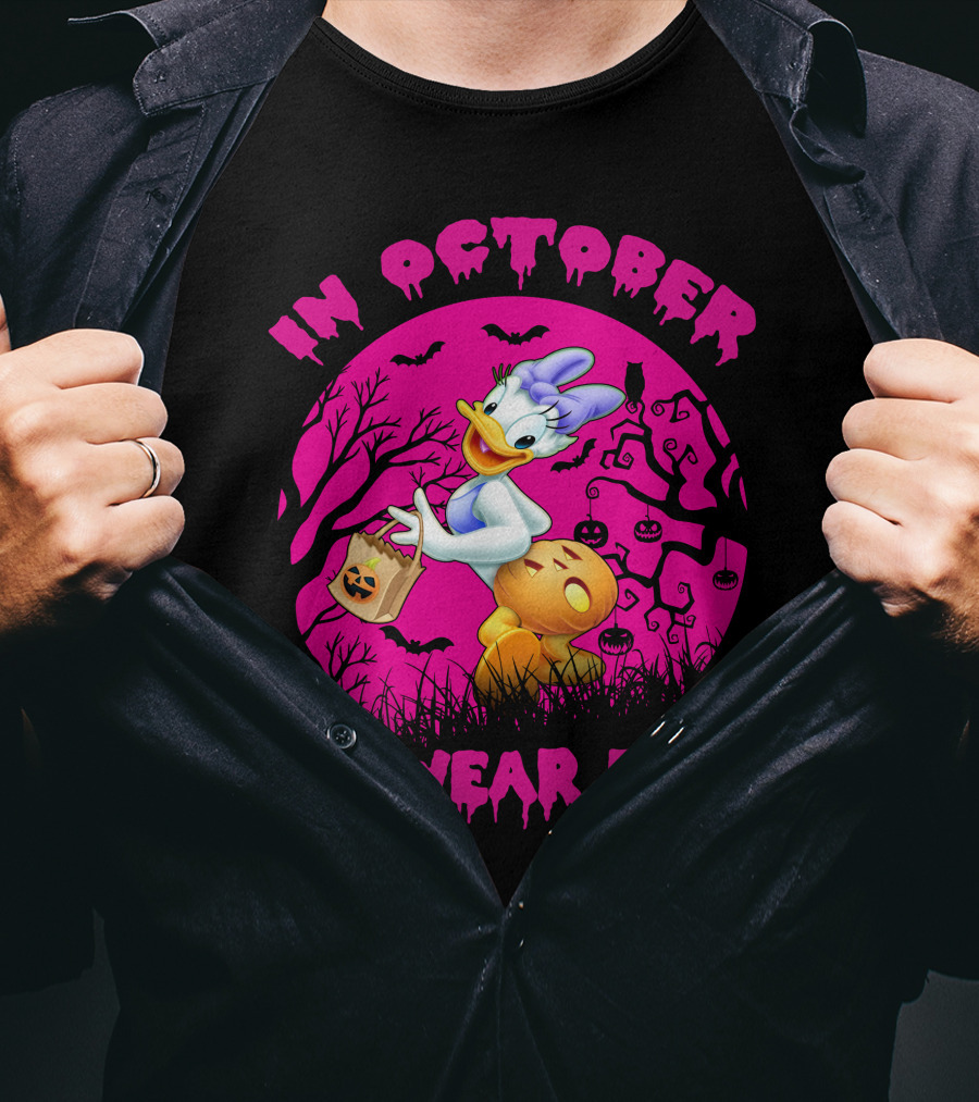 In October We Wear Pink Daisy Duck Halloween Theme T-Shirt