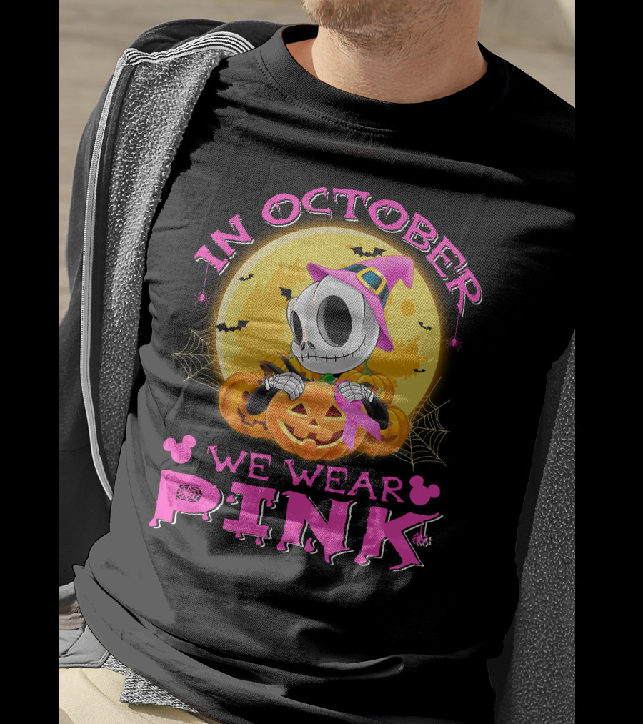 In October We Wear Pink Halloween Pumpkin Skeleton T-Shirt