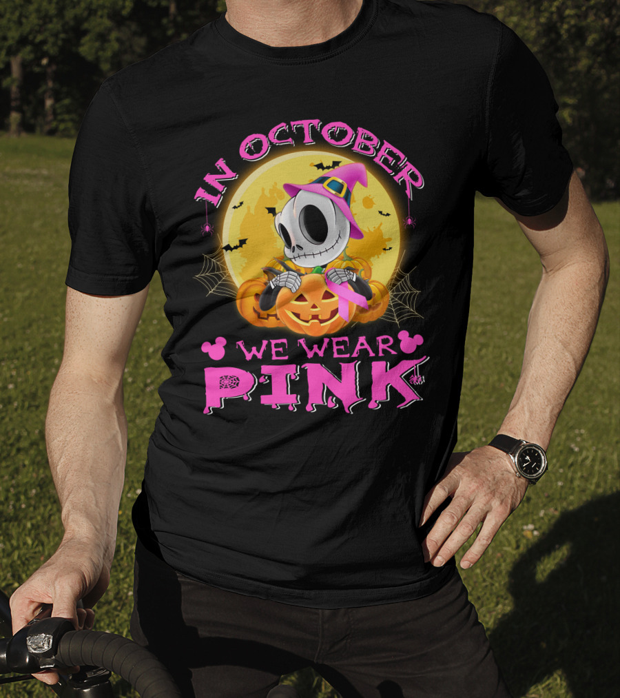 In October We Wear Pink Halloween Pumpkin Skeleton T-Shirt