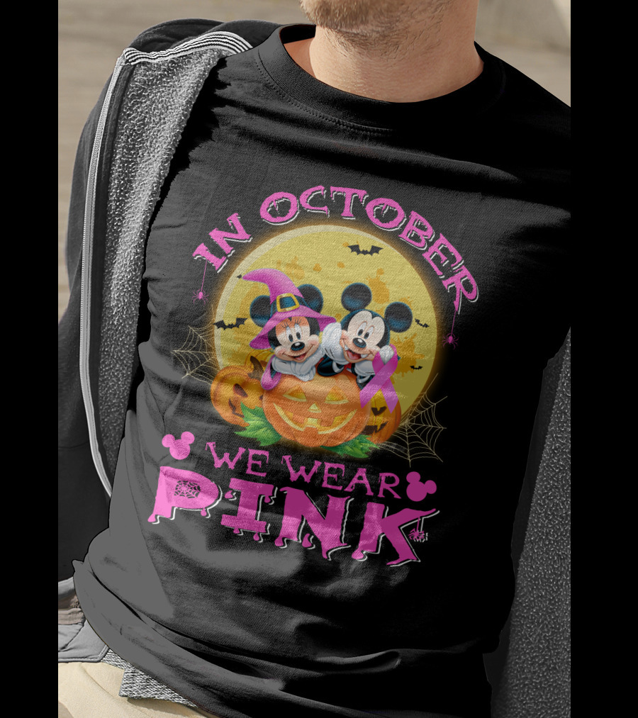 In October We Wear Pink Mickey And Minnie Halloween Pumpkin T-Shirt