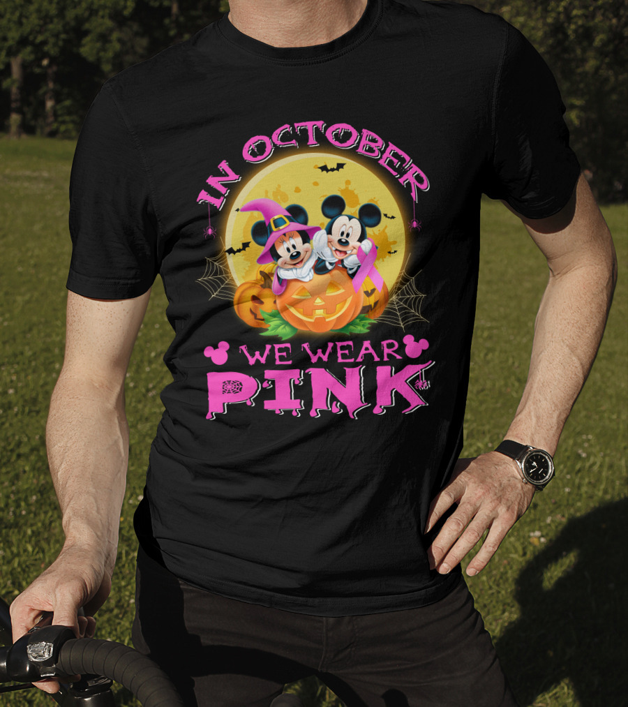In October We Wear Pink Mickey And Minnie Halloween Pumpkin T-Shirt