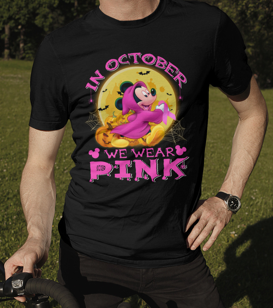 In October We Wear Pink Mickey Mouse Halloween Pumpkin Bats T-Shirt