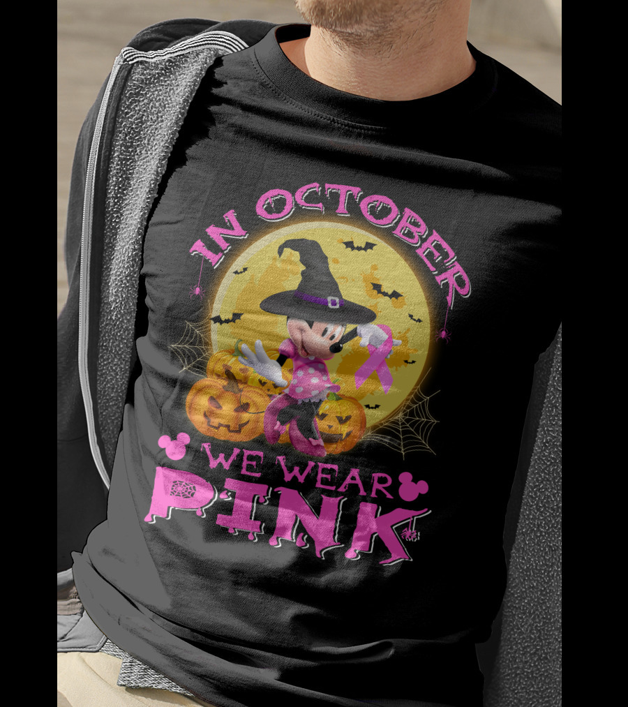 Minnie In October We Wear Pink Halloween Pumpkins Bats T-Shirt