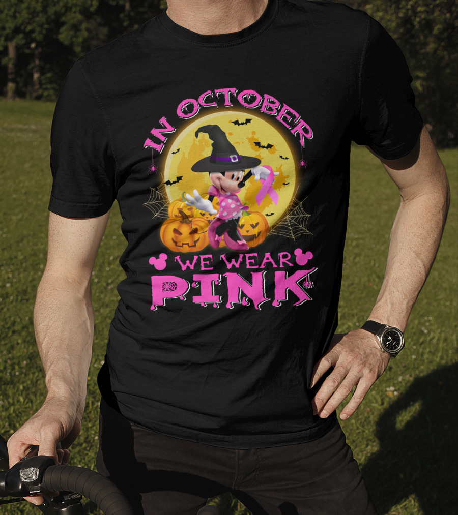 Minnie In October We Wear Pink Halloween Pumpkins Bats T-Shirt
