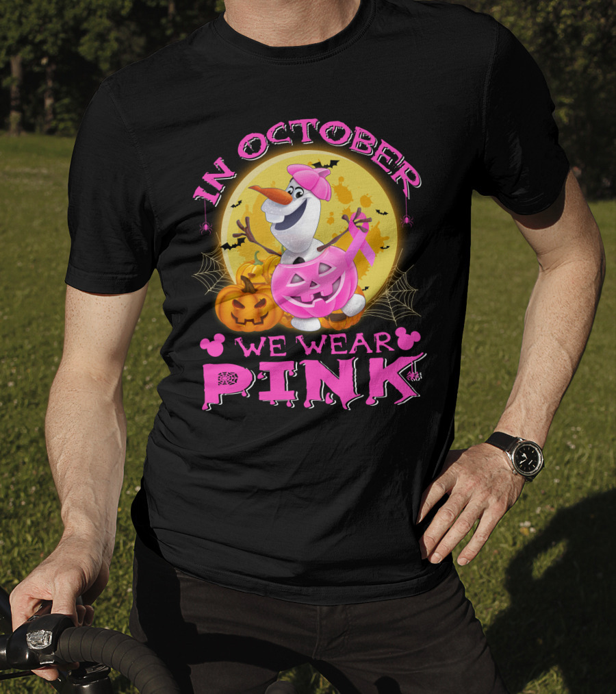 In October We Wear Pink Olaf Halloween Pumpkins And Bats T-Shirt