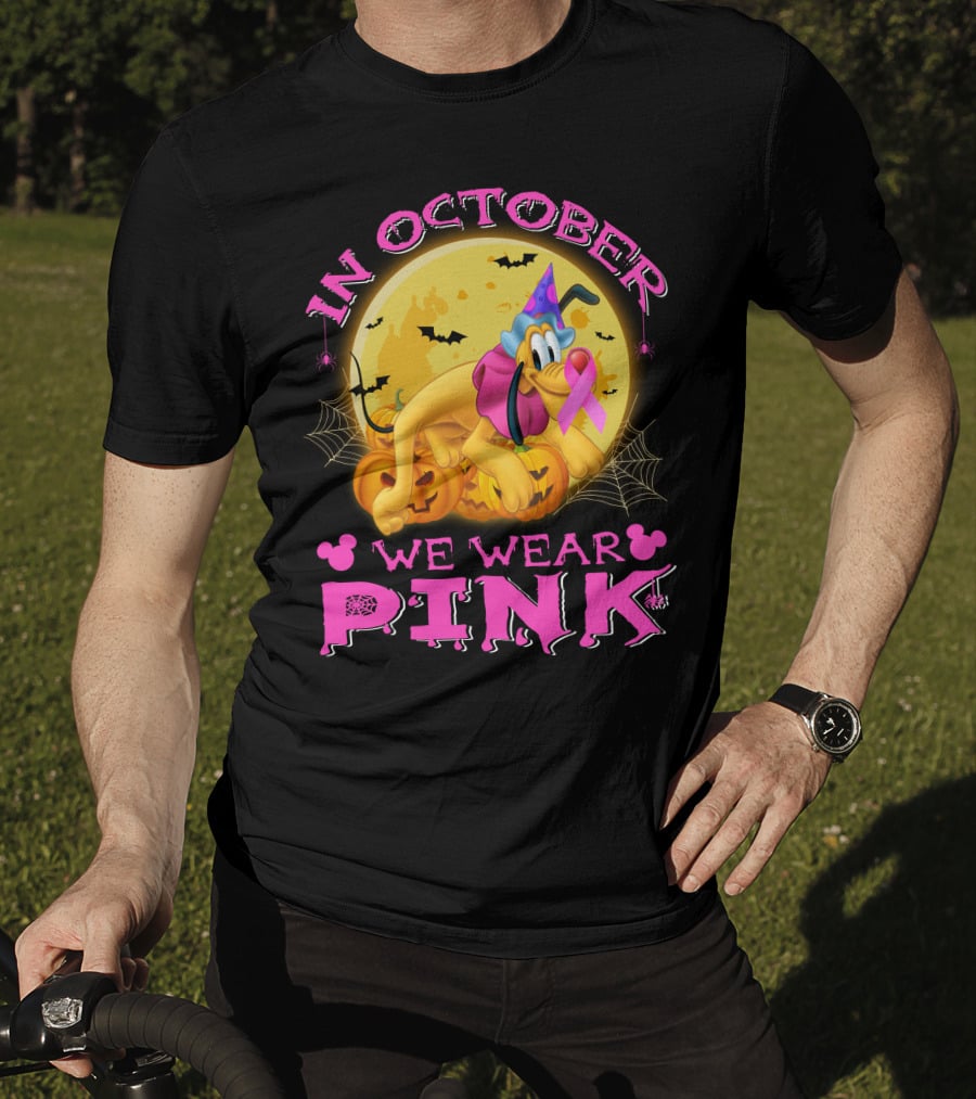 In October We Wear Pink Pluto Halloween Pumplin Bat Webs T-Shirt