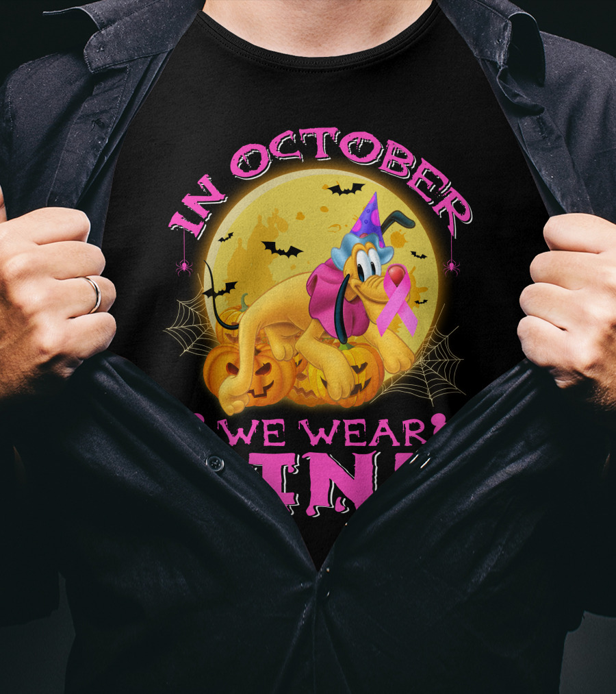 In October We Wear Pink Pluto Halloween Pumplin Bat Webs T-Shirt