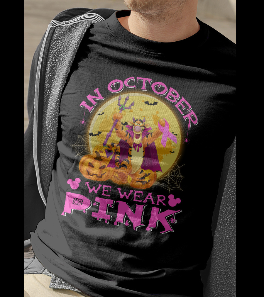 In October We Wear Pink Tigger Halloween Pumpkins Bats T-Shirt