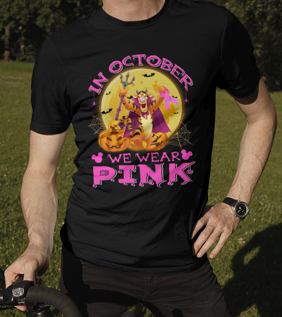 In October We Wear Pink Tigger Halloween Pumpkins Bats T-Shirt