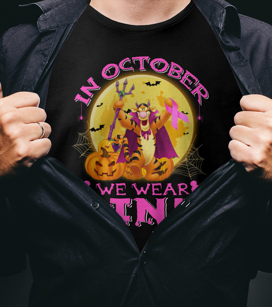 In October We Wear Pink Tigger Halloween Pumpkins Bats T-Shirt