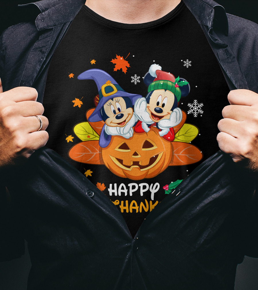 Happy Hallothanksmas Mickey Minnie Jack-O'-Lantern Holly Snowflakes Leaves T-Shirt