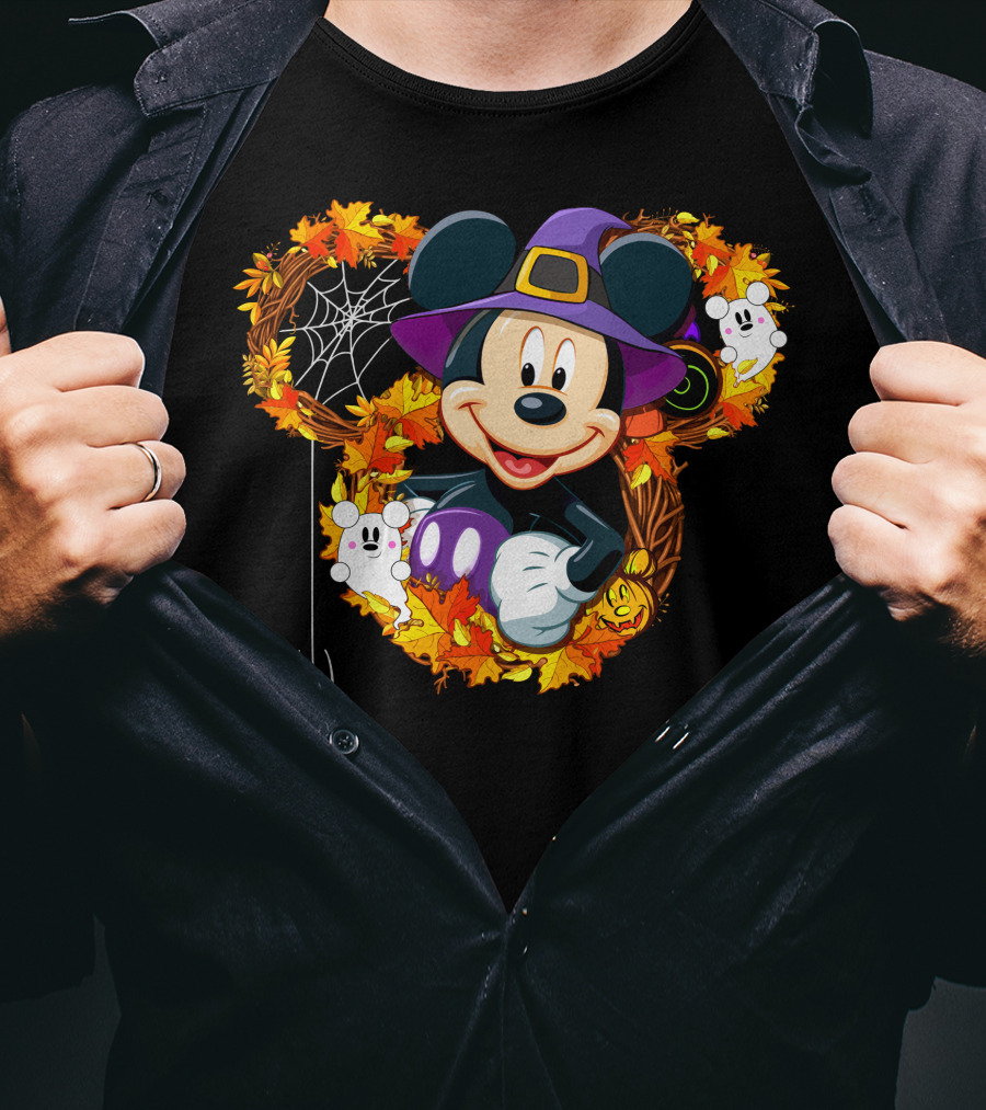 Mickey Halloween Wreath Witch Hat Spiderweb Ghosts Pumpkins Leaves T-Shirt