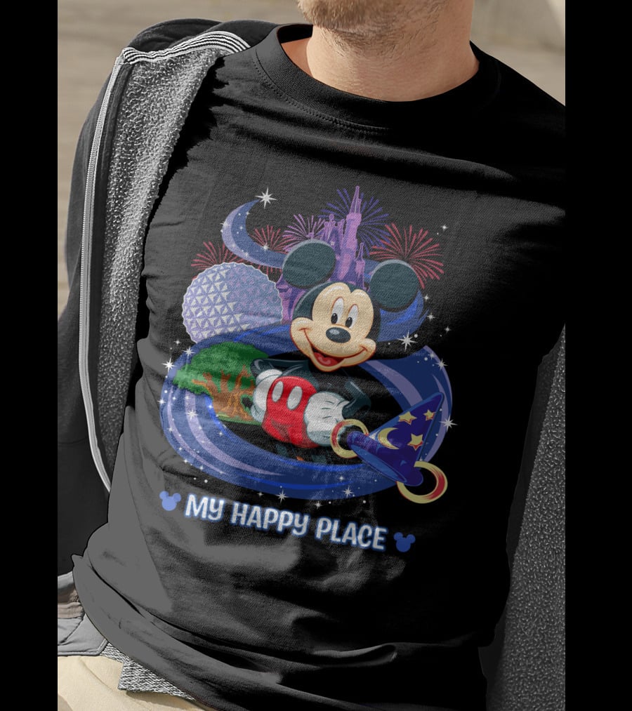 Mickey My Happy Place Disney Castle Fireworks Sorcerer's Hat T-Shirt