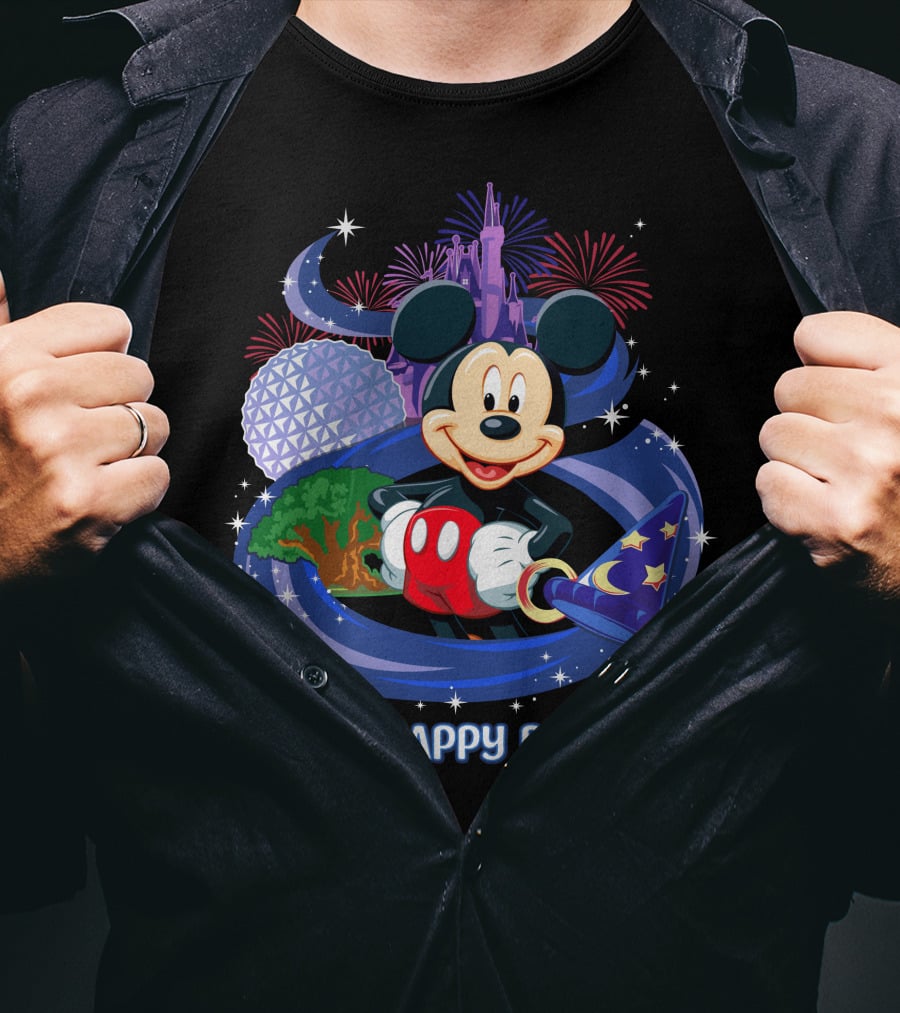 Mickey My Happy Place Disney Castle Fireworks Sorcerer's Hat T-Shirt