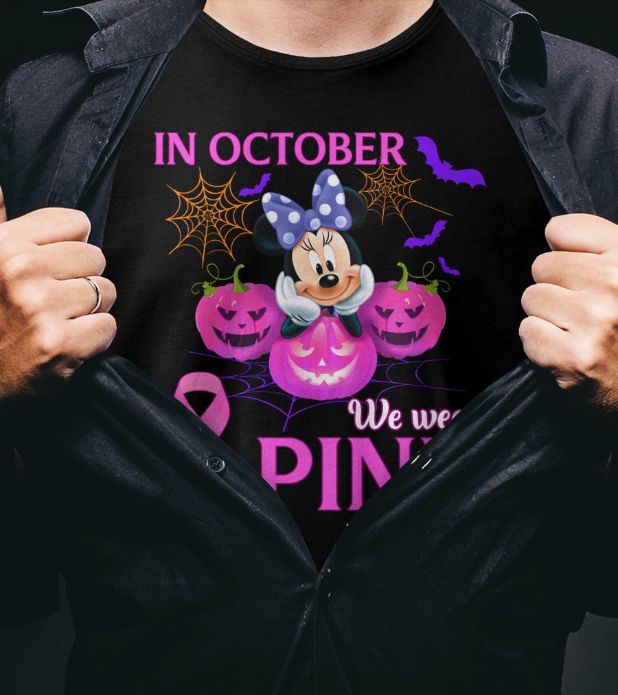 In October We Wear Pink Minnie Bow Pumpkins Ribbon Bats Halloween T-Shirt