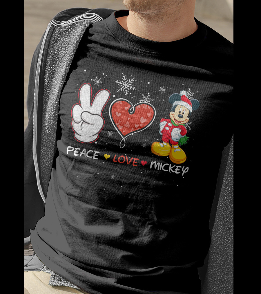 Peace Love Mickey Christmas Holiday Snowflakes Santa Hat T-Shirt