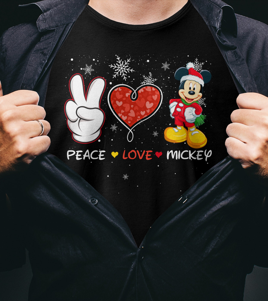Peace Love Mickey Christmas Holiday Snowflakes Santa Hat T-Shirt