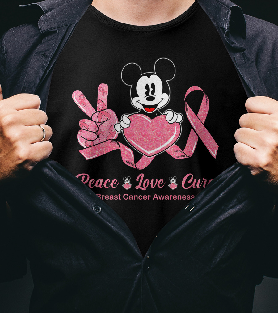 Peace Love Cure Breast Cancer Awareness Mickey Mouse T-Shirt