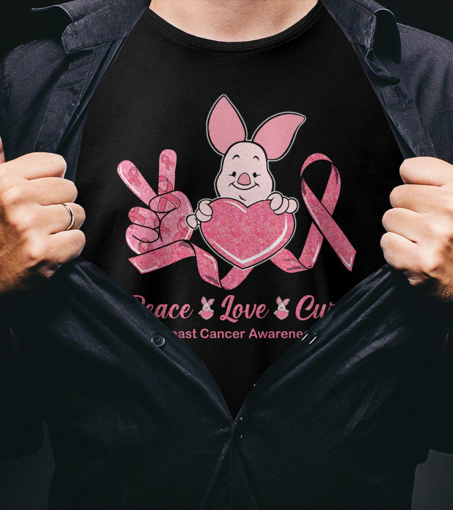 Peace Love Cure Piglet Breast Cancer Awareness T-Shirt