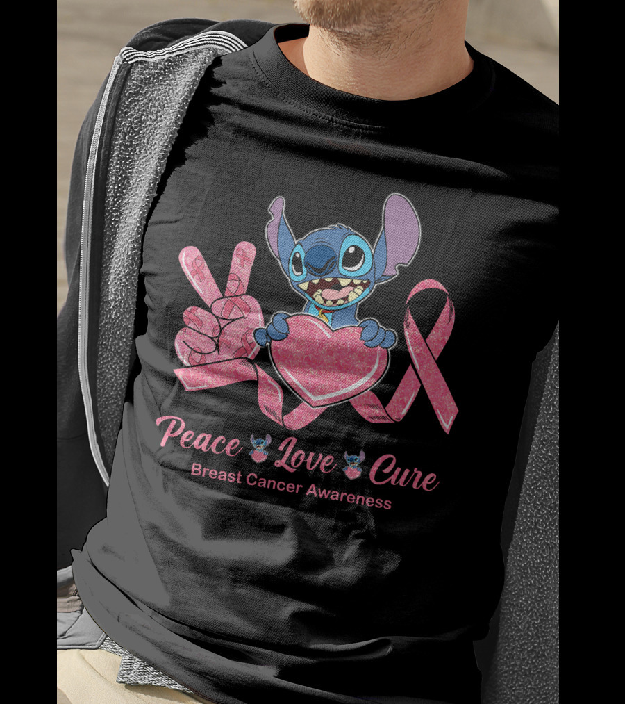 Peace Love Cure Breast Cancer Awareness Stitch T-Shirt