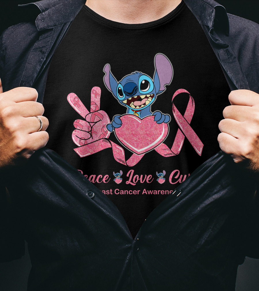 Peace Love Cure Breast Cancer Awareness Stitch T-Shirt