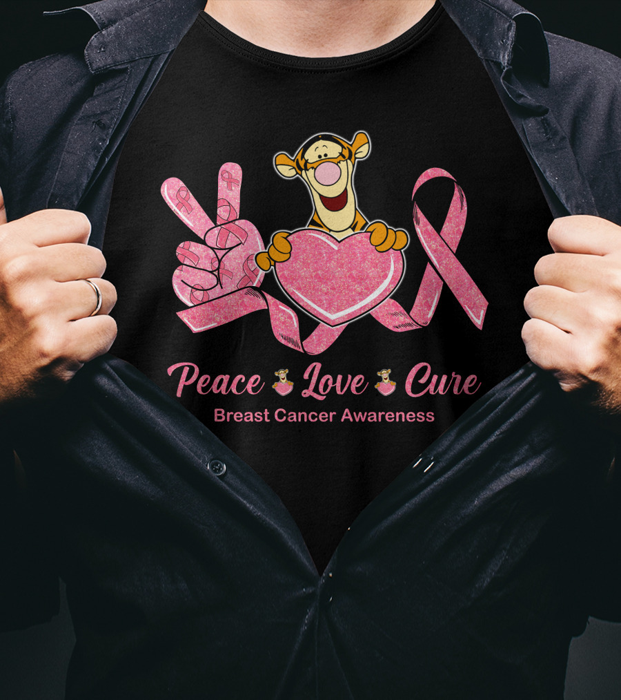 Tigger Holding Heart With Peace Love Cure Breast Cancer Awareness Pink Ribbon T-Shirt