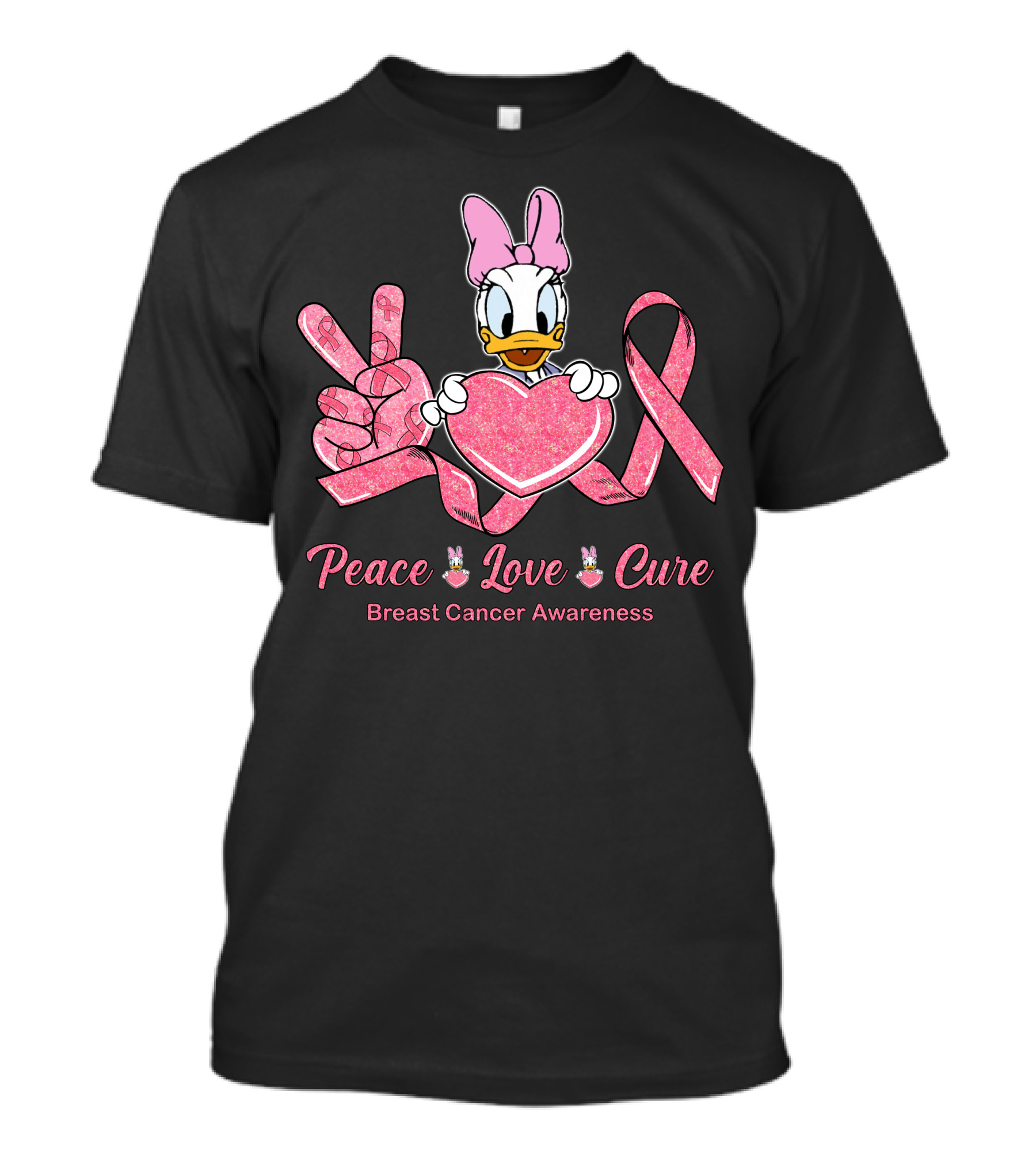Peace Love Cure Breast Cancer Awareness Daisy Duck Pink Ribbon T-Shirt
