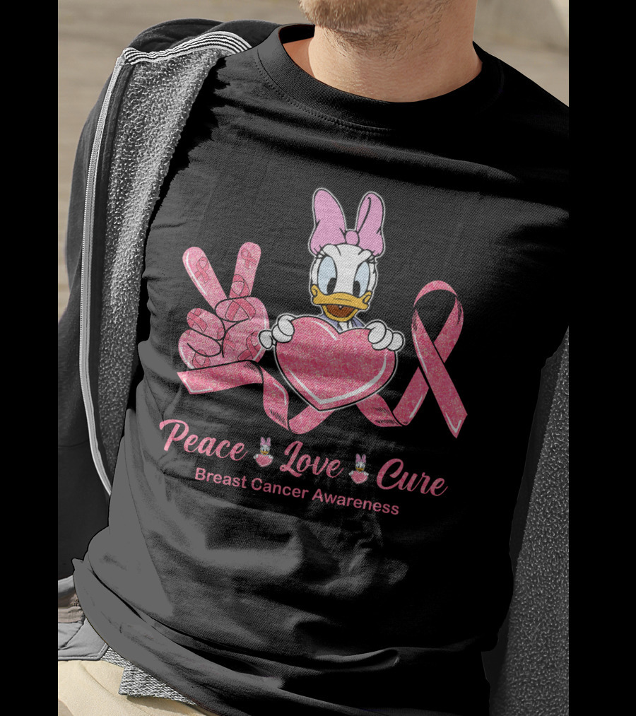 Peace Love Cure Breast Cancer Awareness Daisy Duck Pink Ribbon T-Shirt
