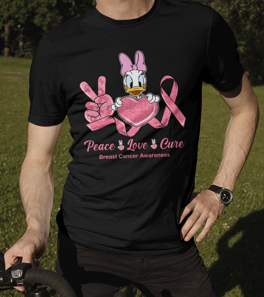 Peace Love Cure Breast Cancer Awareness Daisy Duck Pink Ribbon T-Shirt