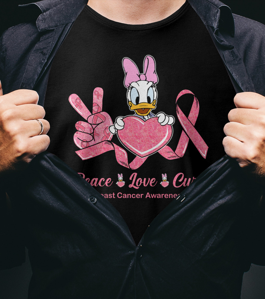 Peace Love Cure Breast Cancer Awareness Daisy Duck Pink Ribbon T-Shirt