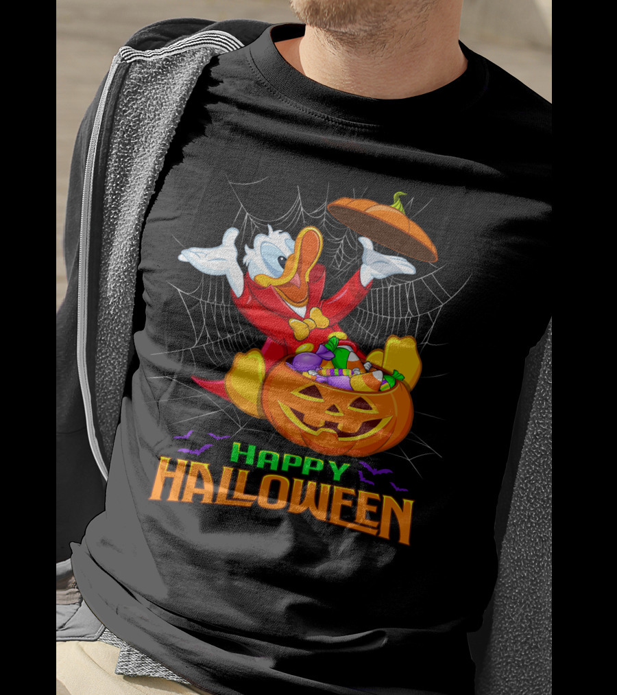 Happy Halloween Donald Duck In Pumpkin Suit With Candy And Spiderweb T-Shirt