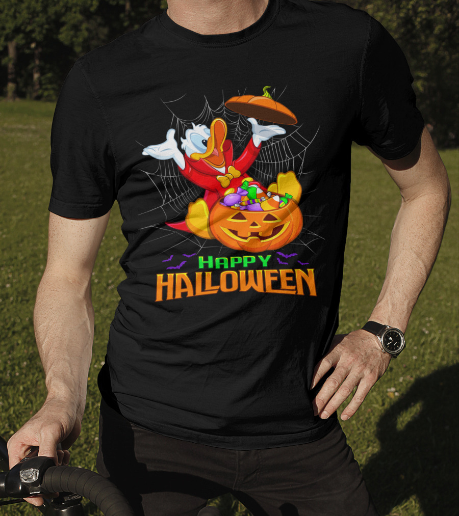 Happy Halloween Donald Duck In Pumpkin Suit With Candy And Spiderweb T-Shirt